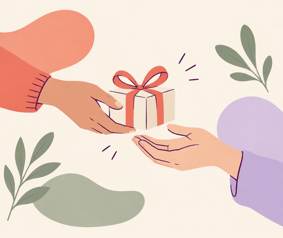 Illustration: Zwei Hände reichen sich ein Geschenk